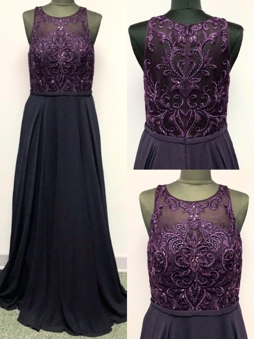 NWT $348 Clarisse 8025 Damask Eggplant Size 14 Maxi Dress